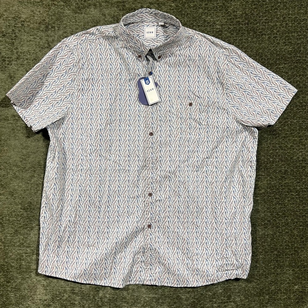 ROWM Button Down Shirt Mens XXL White Blue Red Rope Print Short Sleeve NWT